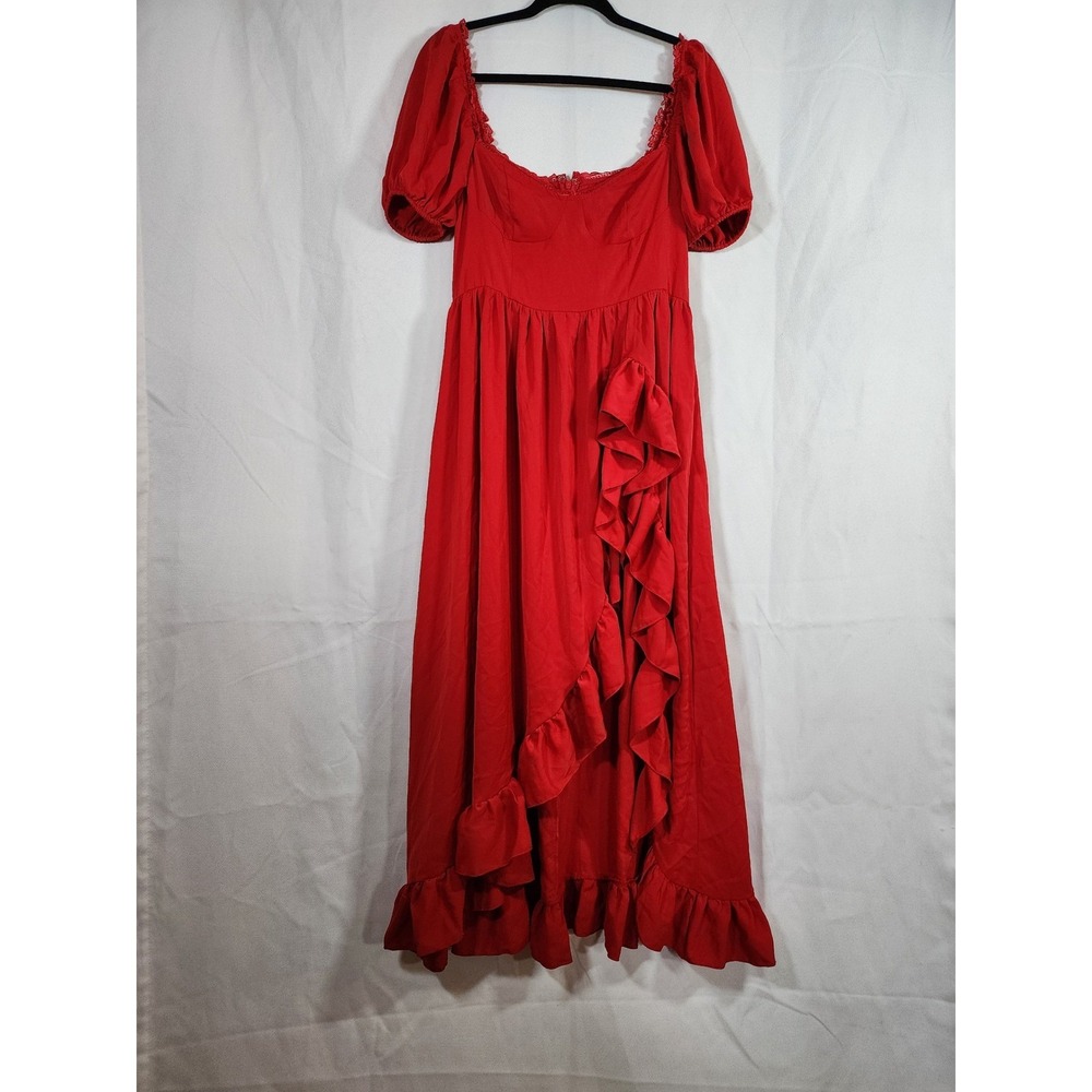 Red Maxi Dress Puff Sleeve Ruffle Trim High Split Halloween Cosplay Size L
